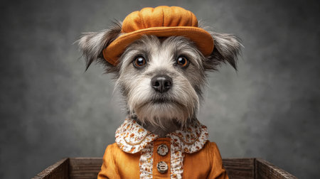 A distinctive dog dressed in a stylish vintage outfit and hat, exuding charm and personality, set against a simple backdrop perfect for animal lovers.の素材