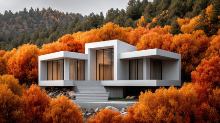 This stunning image showcases a modern architectural home set against a backdrop of vibrant autumn foliage in a serene forest landscape.の素材