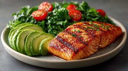 A beautifully arranged plate featuring a grilled salmon fillet paired with vibrant kale salad, creamy avocado slices, and juicy cherry tomatoes. Perfect for health-conscious meals.の素材