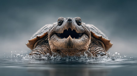 A captivating close-up image of a snapping turtle emerging from the water, showcasing its detailed textures and a striking expression against a soft background.の素材