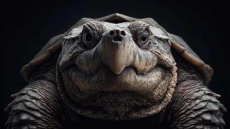 This striking close-up portrait captures a large turtle with detailed textures and a unique face, set against a dark backdrop, showcasing its natural beauty.の素材