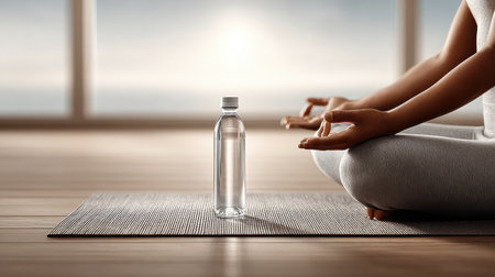 A tranquil indoor scene featuring a person meditating on a yoga mat, with a clear water bottle placed in front. This setting promotes wellness and mindfulness.の素材