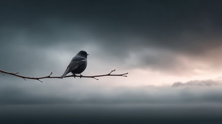 This captivating image features a solitary bird resting on a branch, set against a dramatic background of stormy clouds and twilight hues. Perfect for conveying themes of solitude and tranquility in nature.の素材