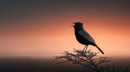 A striking silhouette of a black bird singing on a branch, backlit by a stunning sunset with orange and gradient hues, creating a tranquil atmosphere.の素材