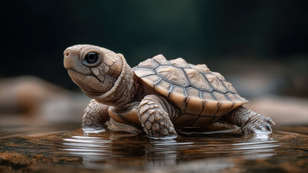 A captivating close-up image of a baby turtle swimming in calm water, showcasing its intricate shell and serene expression against a natural background.の素材