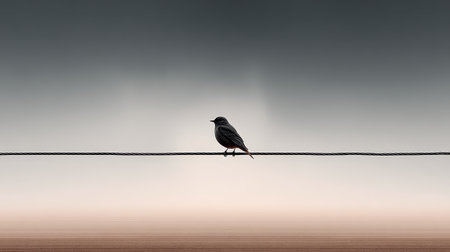 A serene silhouette of a single bird perched on a power line, set against a soft, misty background that evokes tranquility and calmness.の素材