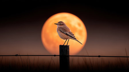 A serene image of a small bird perched on a wooden post, beautifully framed by a bright full moon in a dark sky, creating a tranquil evening atmosphere.の素材
