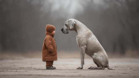 A child and a Great Dane share a touching moment in a serene, misty environment, capturing the essence of friendship and innocent connection between them.の素材