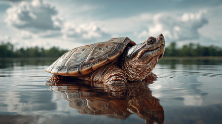 This image captures a turtle gracefully swimming in clear water, showcasing its reflective shell under a bright blue sky with fluffy clouds, highlighting a peaceful natural setting.の素材