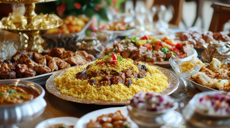 A captivating display of traditional dishes featuring fragrant rice, spiced meat, and colorful vegetables in a festive setting perfect for gatherings.の素材