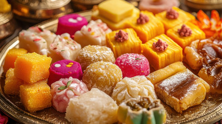 A beautifully arranged platter of assorted colorful sweets and desserts, showcasing a variety of textures and flavors ideal for festive celebrations.の素材