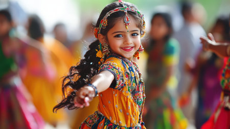 A cheerful girl dressed in a bright traditional outfit dances joyfully at a cultural festival, radiating happiness and vibrant energy. Her smile captures the spirit of celebration and cultural heritage.の素材