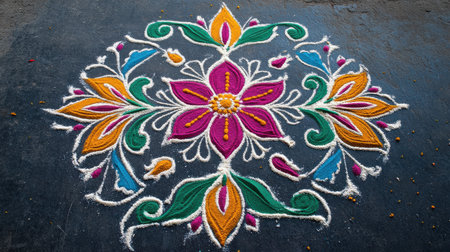 A stunning rangoli art piece featuring vibrant floral patterns and intricate designs, perfect for festive celebrations and cultural events.の素材