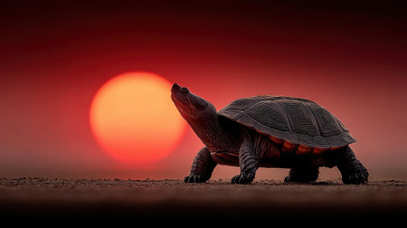 A striking silhouette of a turtle gazing at a radiant sunset, capturing the essence of wildlife in a serene evening atmosphere. Perfect for nature enthusiasts.の素材
