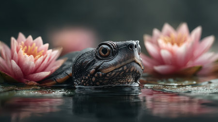 A tranquil scene featuring a calm turtle surrounded by beautiful pink water lilies in a serene pond, showcasing nature's elegance and beauty.の素材