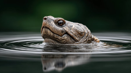 A stunning close-up of a turtle breaking the surface of calm water, surrounded by soft ripples and a blurred green backdrop highlighting its intricate features.の素材