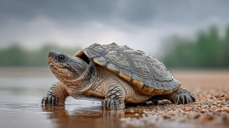 This stunning close-up image captures a turtle resting on a riverbank, showcasing its intricate shell and peaceful environment under soft lighting.の素材