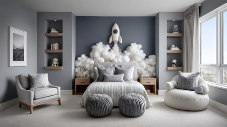 This modern children's bedroom features a playful rocket decor and cloud accent wall, creating a cozy and imaginative space perfect for relaxation and creativity.の素材