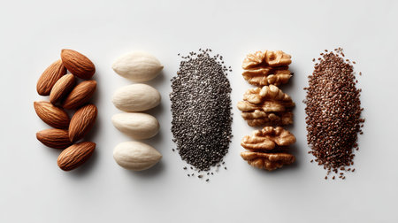 Display of assorted nuts and seeds arranged neatly on a white surface, showcasing their natural beauty and nutritional diversity for healthy eating.の素材