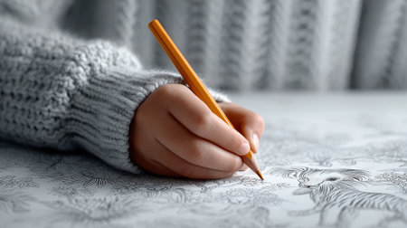 A close-up view of a hand gripping an orange pencil, engaged in the art of coloring a delicate floral illustration, showcasing creativity and focus.の素材