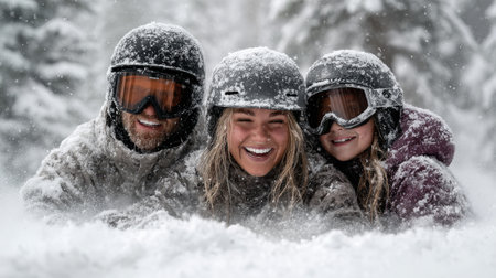A cheerful family enjoys a delightful winter day in the snow, creating unforgettable memories while playing together and sharing joyous laughter.の素材