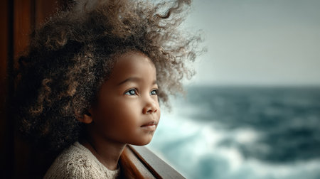 A curious child gazes thoughtfully out of a cabin window, with windswept hair, captivated by the serene ocean view, evoking feelings of wonder and tranquility.の素材
