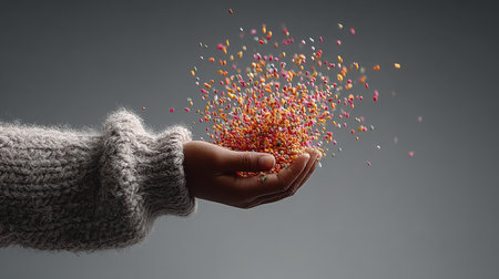 A close-up shot of a hand releasing vibrant sprinkles against a gray background, capturing the essence of joy and creativity in a playful moment.の素材