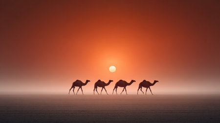 Silhouettes of camels walking across desert at dawn, majestic and timeless scene.の素材