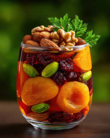 A vibrant glass jar filled with a mix of dried fruits and nuts. This colorful blend of apricots, cranberries, almonds, and walnuts promises a nutritious and appealing snack option.の素材
