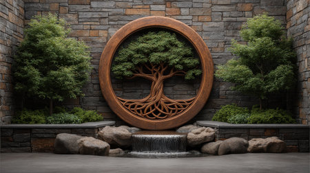 Celtic Tree of Life as a central element in a whimsical garden art piece.の素材