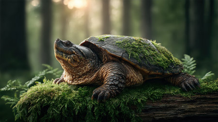 A stunning turtle rests on a moss-covered log surrounded by verdant forest. The gentle sunlight filters through trees, creating an enchanting atmosphere.の素材