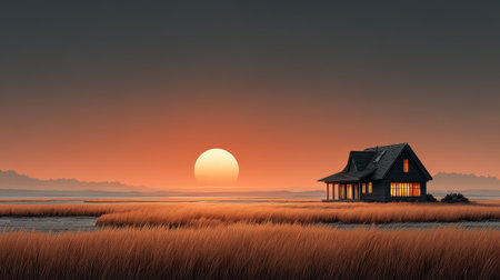 A tranquil scene featuring a lonely house set against a stunning sunset over a marshy field. The warm glow of the sun creates a peaceful atmosphere.の素材