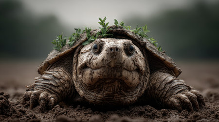 A striking close-up image of a muddy turtle adorned with small green plants on its shell, set against a blurred natural backdrop, evoking a serene wildlife moment.の素材