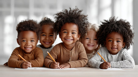 Diverse children of various ethnicities drawing together at a table, creative collaboration.の素材
