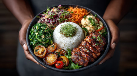 A visually appealing bowl filled with a variety of colorful vegetables, rice, and perfectly grilled meat. Ideal for showcasing healthy meal options.の素材