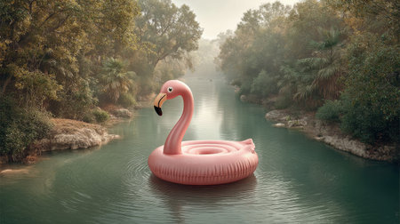 A vibrant pink flamingo float on a serene river, surrounded by lush greenery and enveloped in soft morning mist, creating a tranquil scene for relaxation and joy.の素材