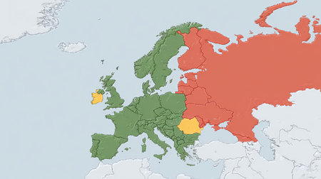This map of Europe uses color coding to showcase various regions, providing a clear visual representation of political or geographical distinctions across the continent.の素材