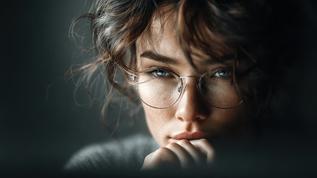 A contemplative young woman with curly hair wears stylish glasses, reflecting deep emotions and thoughts in soft, natural light, inviting introspection.の素材