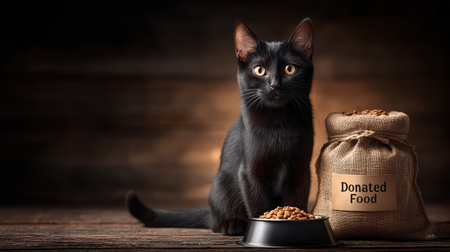 Black cat with yellow eyes sitting next to bowl of dry food and burlap sack labeled donated food, warm wooden background creating cozy and caring atmosphereの素材