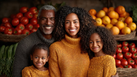 A joyful family poses together at a bustling produce market, surrounded by vibrant fruits and vegetables while wearing cozy autumn sweaters, celebrating togetherness.の素材