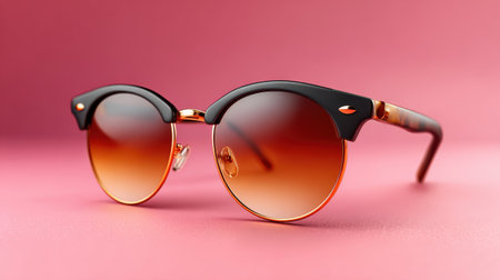 Vintage sunglasses with round gradient lenses and black and gold frame resting on pink surface, stylish accessory for sunny days with elegant design and warm tonesの素材