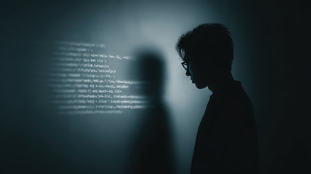 A young programmer's silhouette is illuminated by coding lines on a dark wall, evoking a sense of creativity and contemplation in technology.の素材
