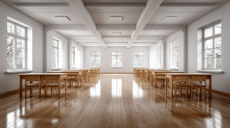 Bright and spacious modern classroom featuring wooden tables and chairs, sleek design, and large windows allowing natural light to illuminate the space.の素材