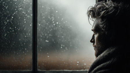 A portrait of a young man lost in thought while gazing out a rainy window. The scene captures his introspective mood, evoking feelings of solitude and calm.の素材