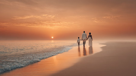 Images of a family walking along the beach at sunset create a serene and heartwarming scene. The gentle waves lap at the shore, and the warm colors evoke feelings of joy and togetherness.の素材