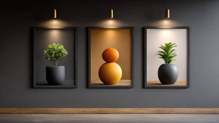 Three framed modern art pieces with plants and abstract shapes illuminated by spotlights on dark wall, creating calm and stylish atmosphereの素材