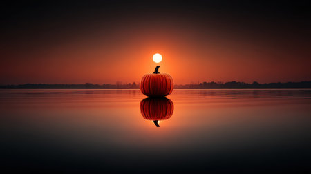 An enchanting sunset scene features an orange pumpkin silhouetted against a calm water surface, reflecting warm colors of twilight. Ideal for autumn themes.の素材