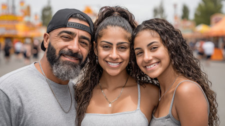 A joyful family portrait captured at an outdoor fair, showcasing smiling faces and a vibrant background, emphasizing connection and happiness in a lively setting.の素材