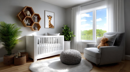 Modern baby nursery with white crib, gray armchair, and natural light from large window, decorated with plants, wooden shelves, and giraffe wall art creating cozy atmosphereの素材