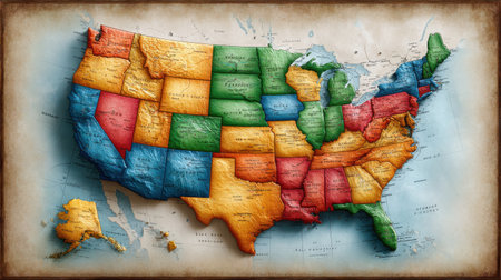 Vintage style colorful map of United States with state borders and names, showing geographic details and ocean surrounding, evoking nostalgic and educational feelingの素材